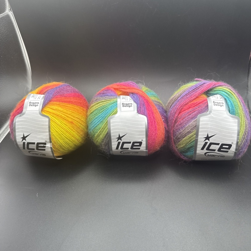 Ice Yarns Angora Blend Yarn Lot 3 Skeins Rainbow Colorful Veriegated Light‎ DK